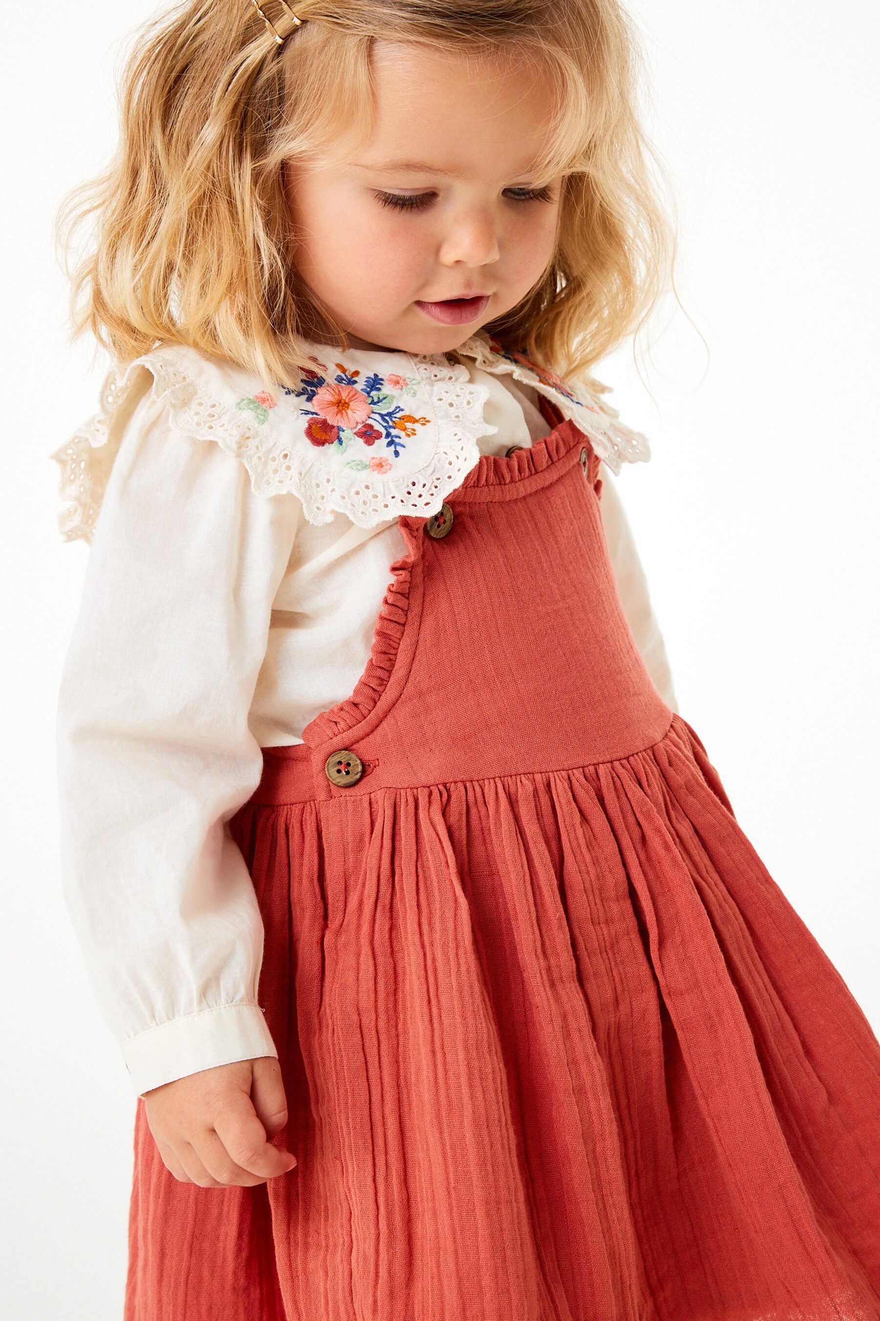 英国next童装2021秋女童小女孩女宝宝长袖翻领衬衫背心裙子2件套