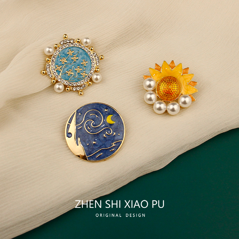 梵高星空复古宫廷高档胸针女气质珍珠向日葵油画别针徽章西装配饰 - 图1