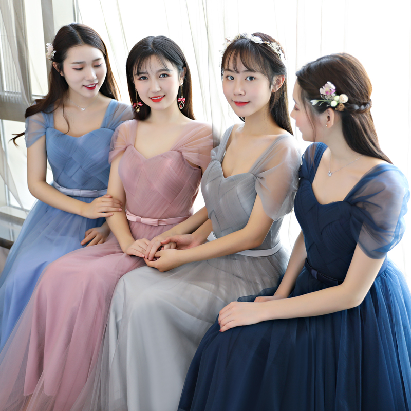 2018冬新款韩式灰色伴娘服姐妹裙长款修身婚礼伴娘团礼服连衣裙女