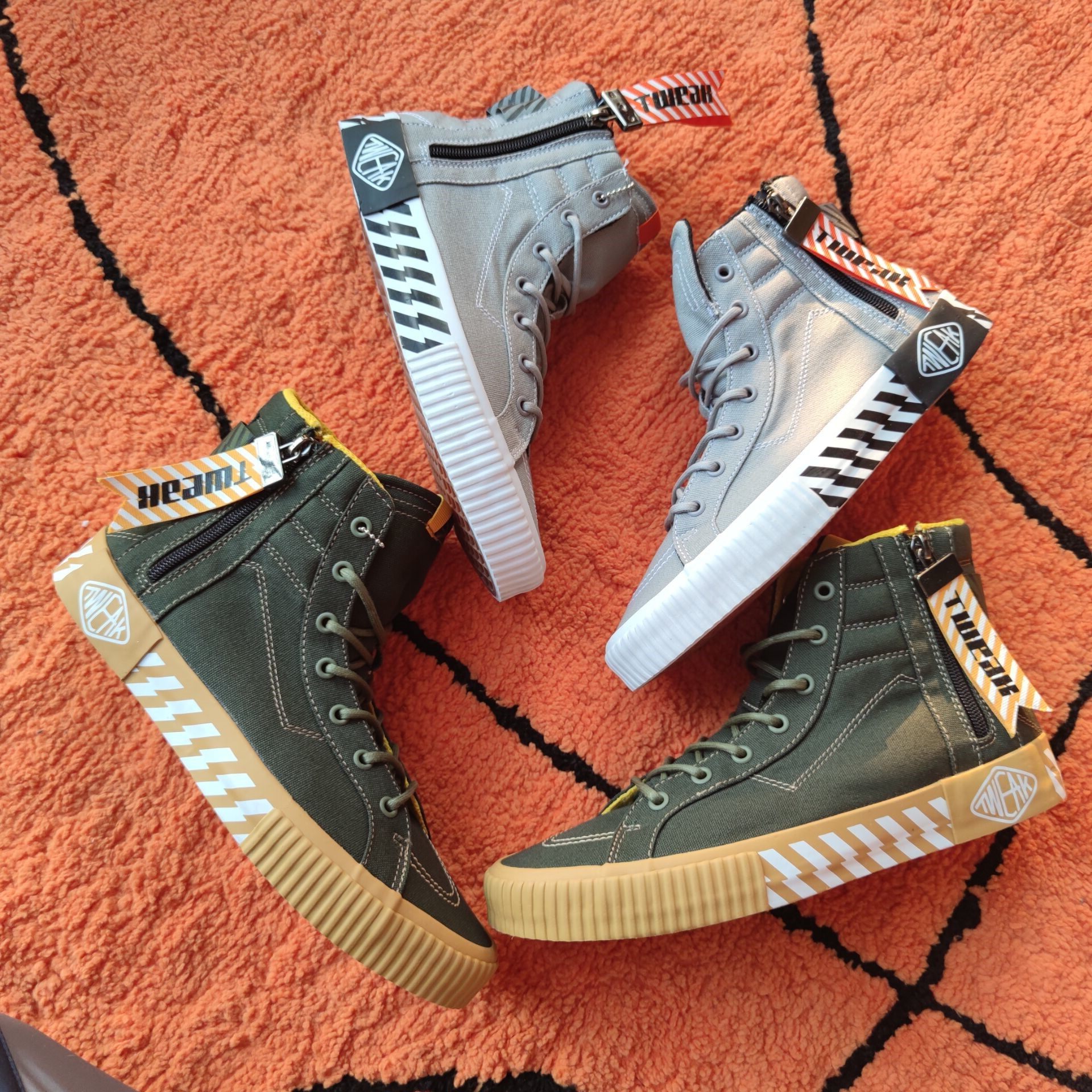 tk2020新款帆布中高帮男板鞋潮鞋ow风格斜纹帆布鞋