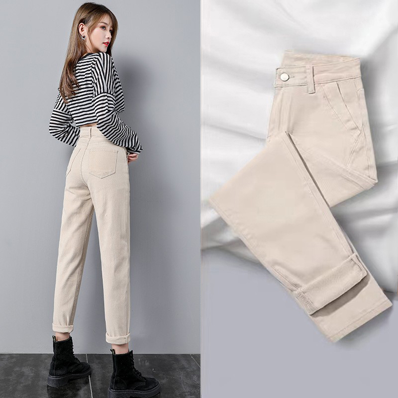 米白色哈伦牛仔裤女直筒宽松夏季2022年新款高腰卡其色萝卜老爹裤