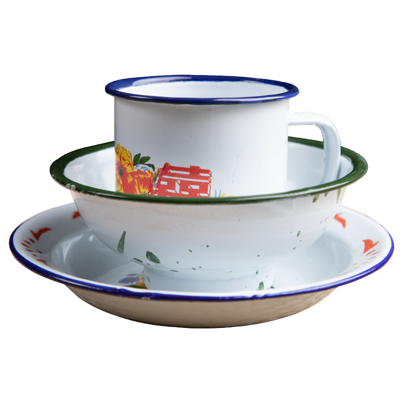 怀旧老式搪瓷碗盘洋瓷高脚饭碗餐具套装市井马克杯