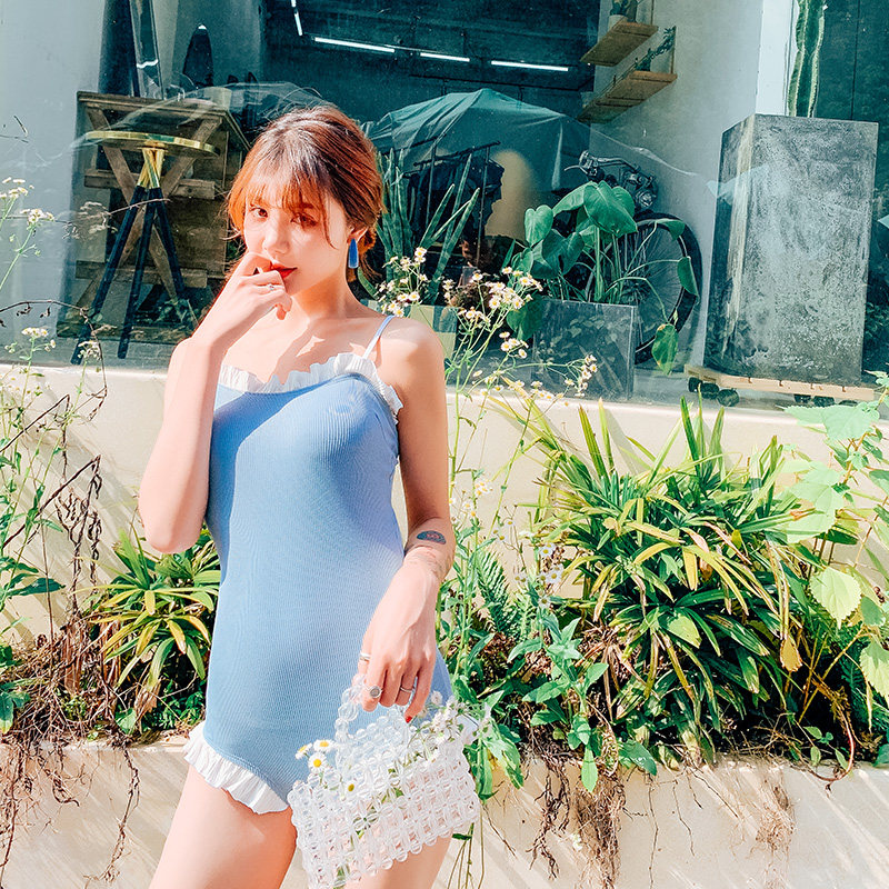 韩国新款荷叶性感漏背连体泳装绑带聚拢遮肚连体泳衣