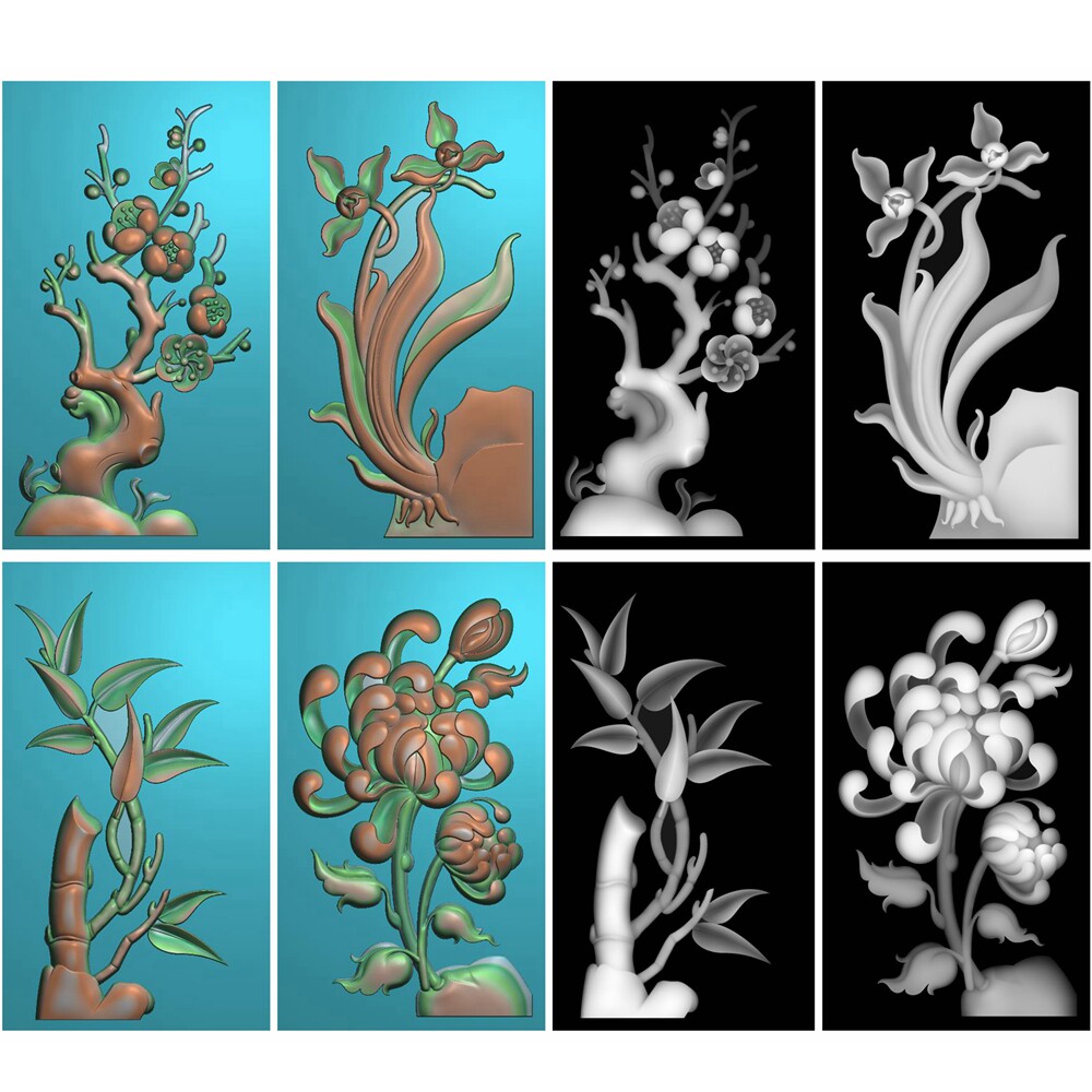 1138梅兰竹菊四君子打包四季季花精雕jdp灰度bmp设计素材