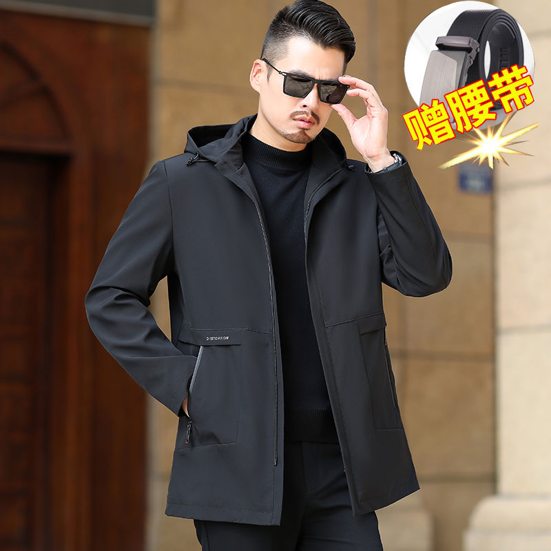 中年男士夹克商务休闲春秋薄款连帽上衣40岁50中老年爸爸春装外套