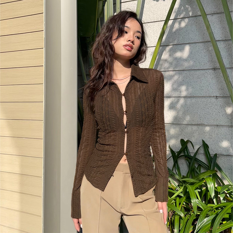 leiyu若隐若现性感蕾丝衬衫春装热辣设计欧美辣妹蕾丝衫