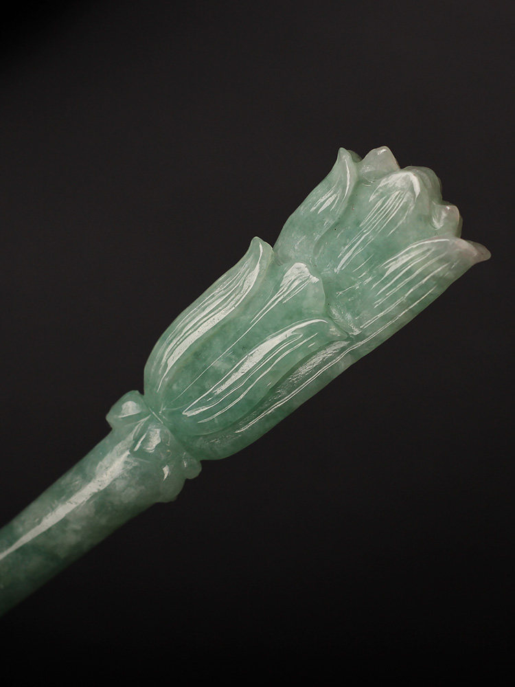 【重明】天然a货满绿翡翠雕刻兰花发簪 古风古典汉服簪子 d2/01