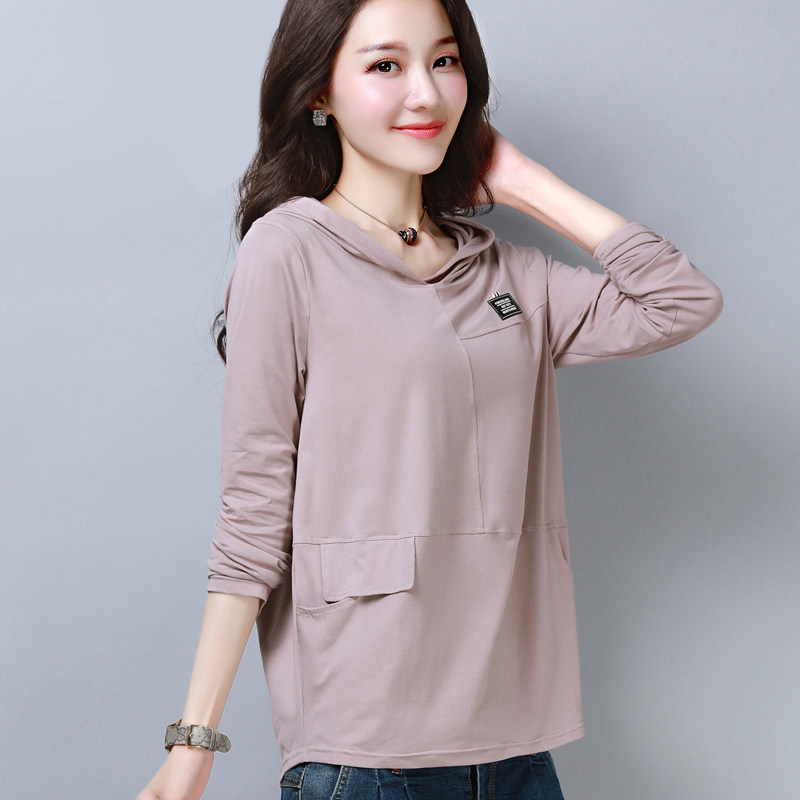 春秋宽松长袖纯棉连帽t恤女
