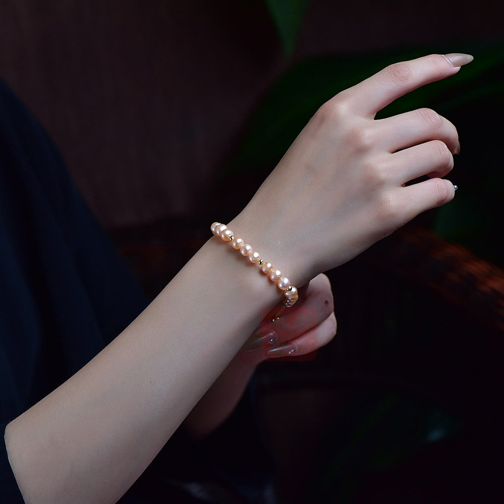 珍珠天然淡水小米米珠简约14k包金抽拉式手串手链