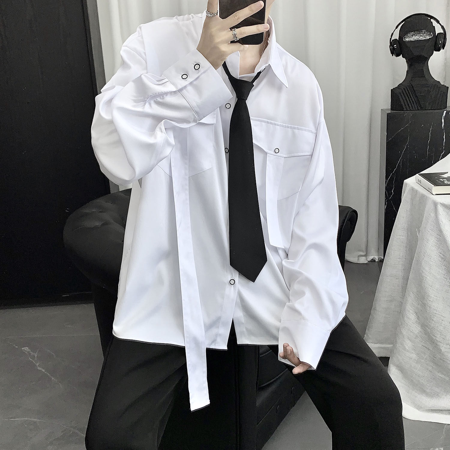 高冷禁欲衬衫男潮宽松长袖法式高级领带衬衣衬衫