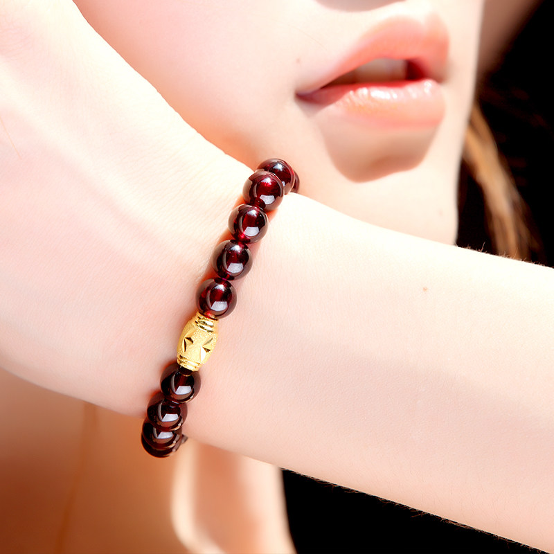 天然酒红石榴石手链女配金珠足金转运路路通手串手链
