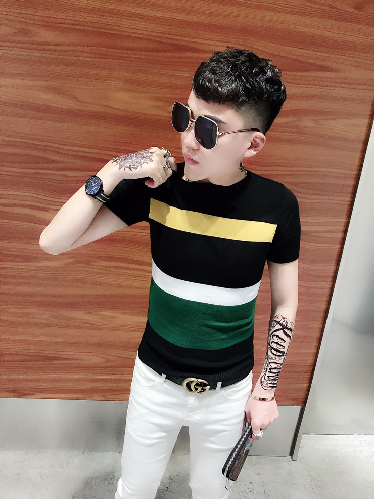 2022夏季新款潮流男士个性时尚针织短袖t恤社会小伙拼色修身半袖