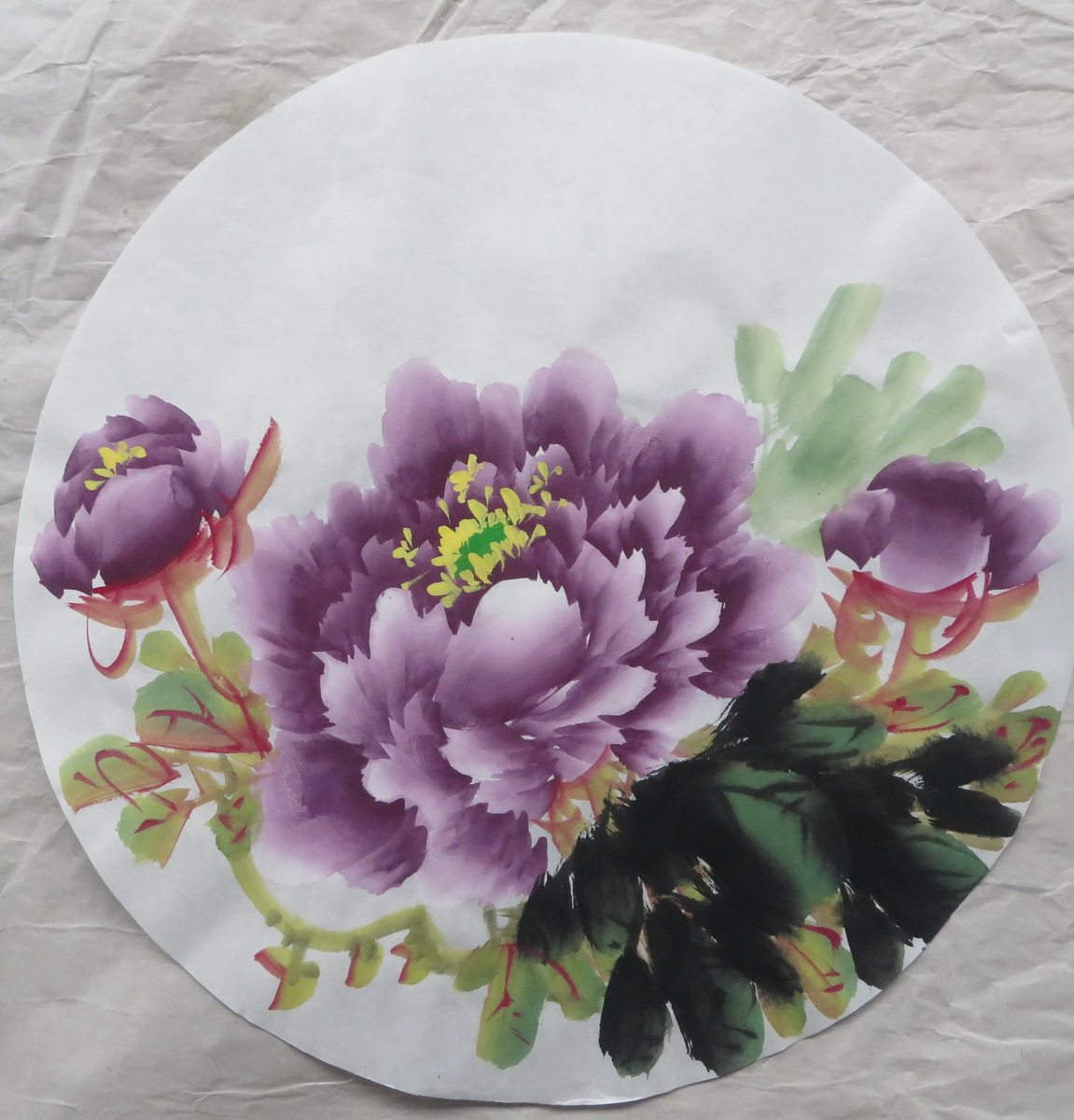 特价手绘圆形花鸟国画牡丹无款宣纸客厅装饰国画