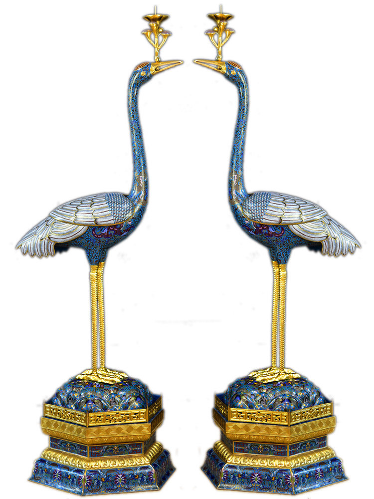 北京珐琅手工厚胎掐丝景泰蓝仙鹤烛台蜡扦大鹤景泰蓝