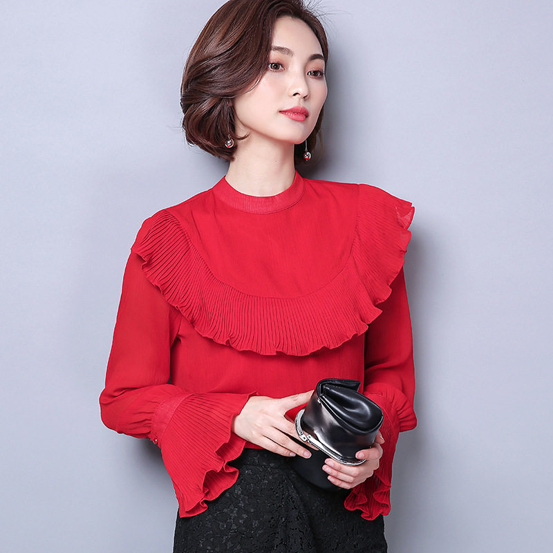 喇叭长袖荷叶花边雪纺小衫拉丁国标国标舞舞蹈拉丁舞上装