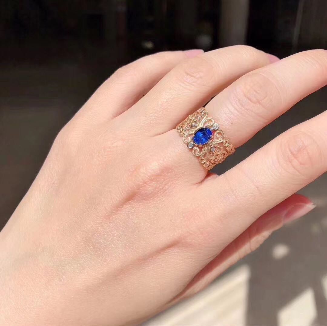 戒指宫廷复古银镶天然蓝宝石宽版食指精工拉丝戒指