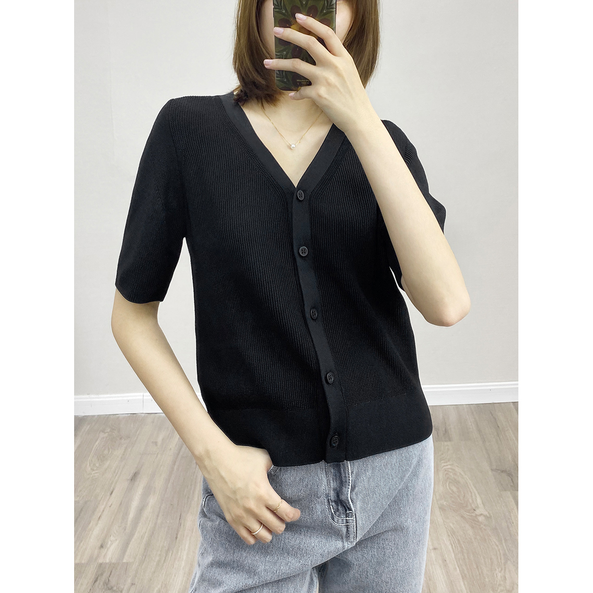xmj黑色短袖开衫cos2021年春夏小个子上衣外套毛针织衫