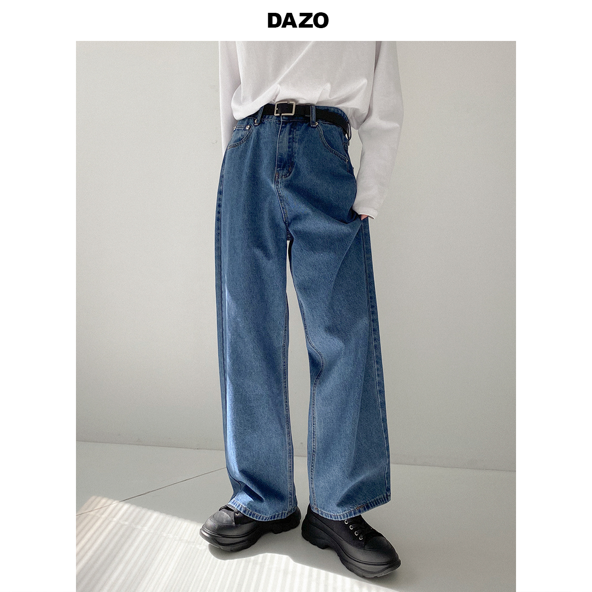 DAZO 复古垂感牛仔裤男士直筒百搭长裤港风宽松阔腿裤韩版潮裤子