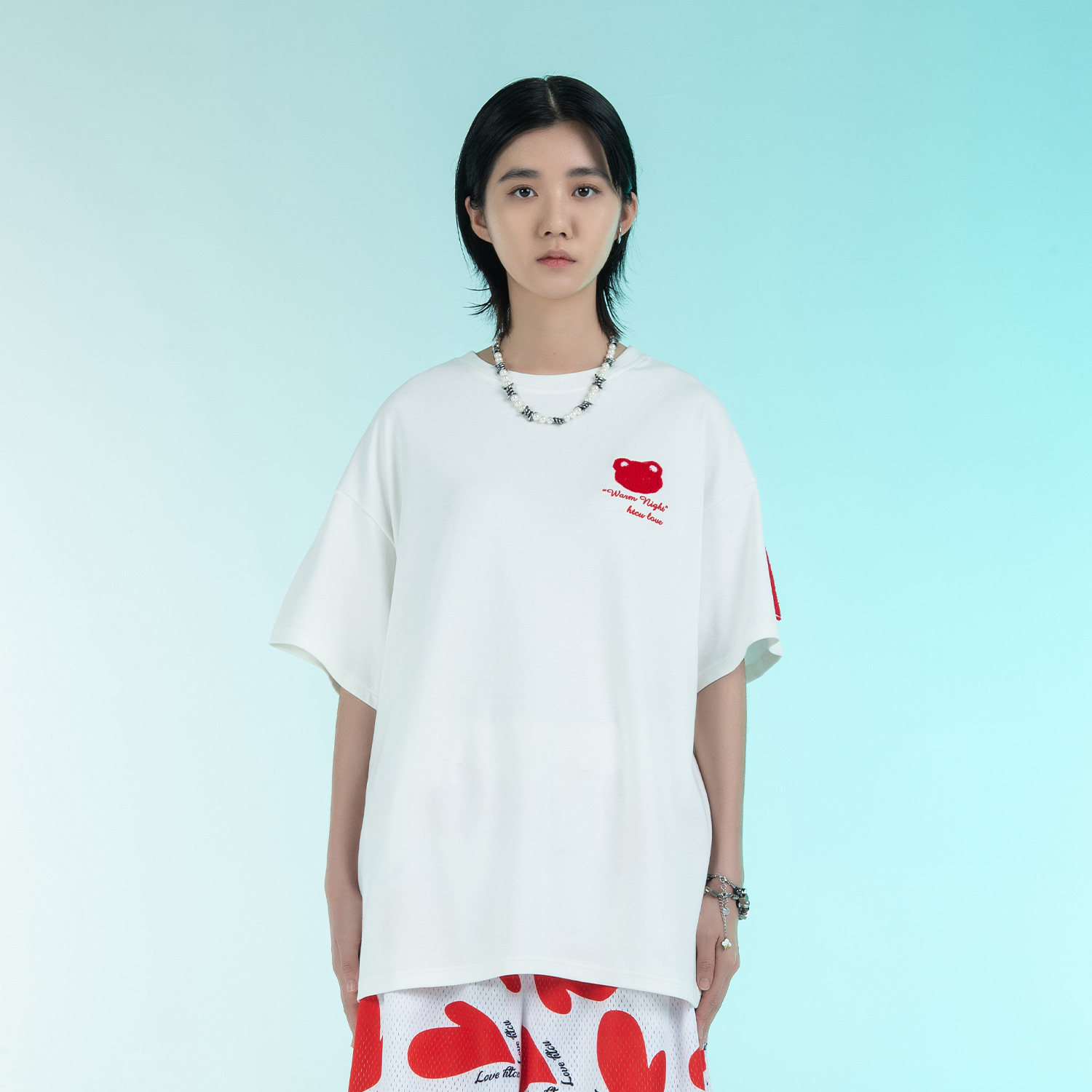 htcu卡通刺绣小熊短袖潮牌纯棉圆领宽松休闲t恤