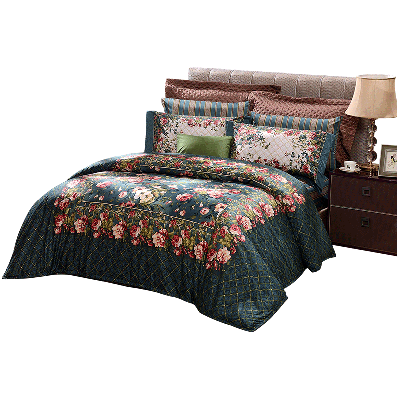 件套富安娜家纺60支缎纹纯棉四件全棉被套复古床品套件