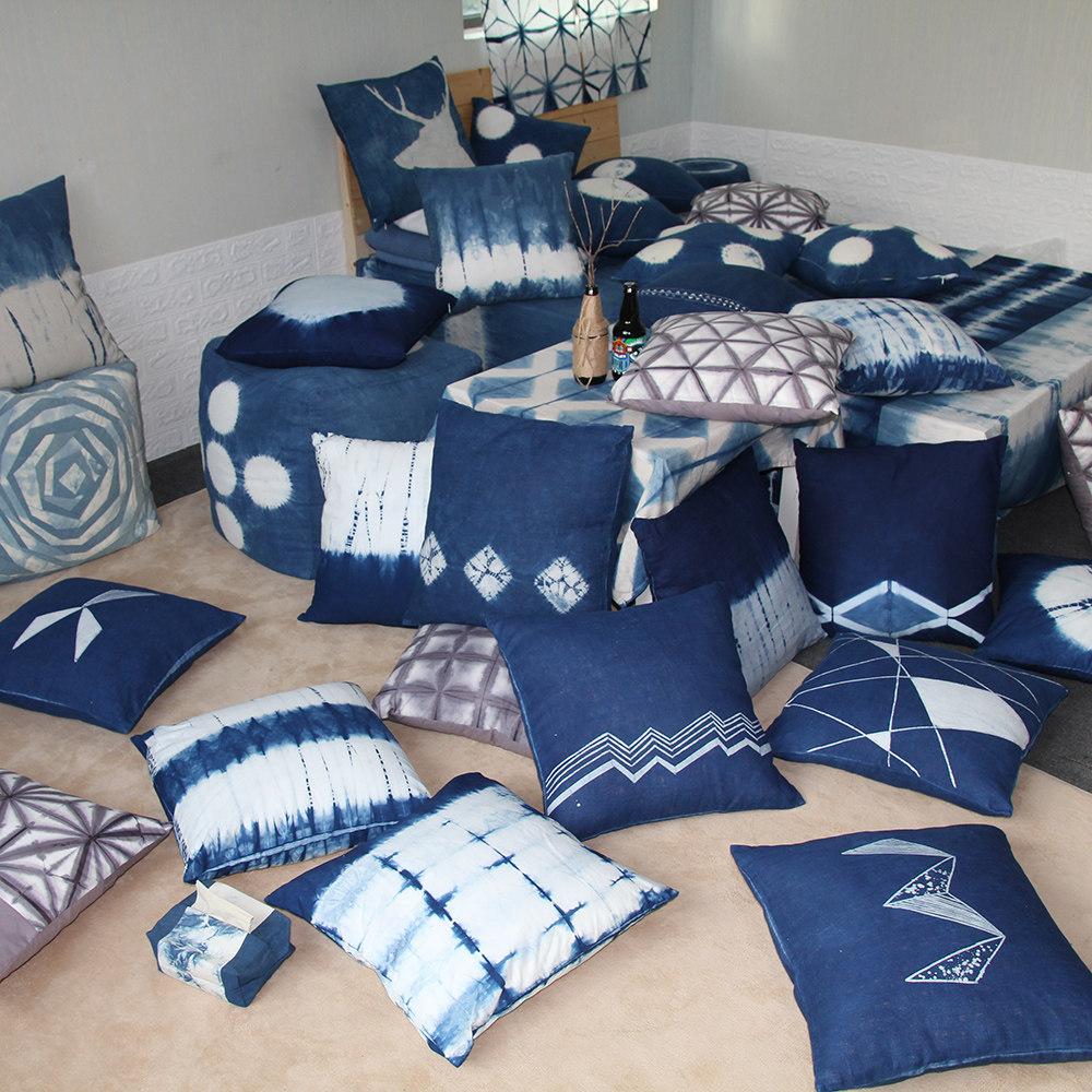 植物草木蓝染手工简约扎染靠垫抱枕枕套沙发靠垫
