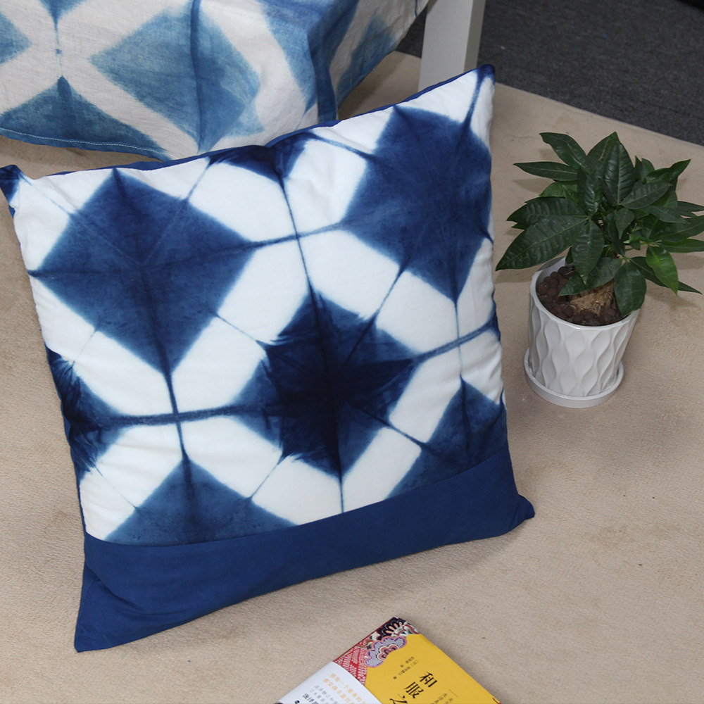 植物草木蓝染手工扎染简约几何拼接纯棉抱枕靠垫