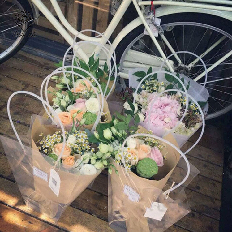 情人节透明手提袋鲜花盆栽绿植花束包装防水梯形花艺包装盒