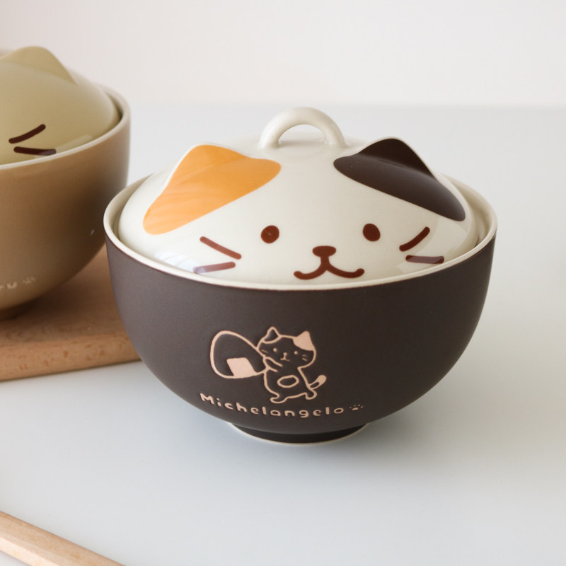 w1962出口日本陶瓷可爱治愈猫咪造型带盖泡面日式碗