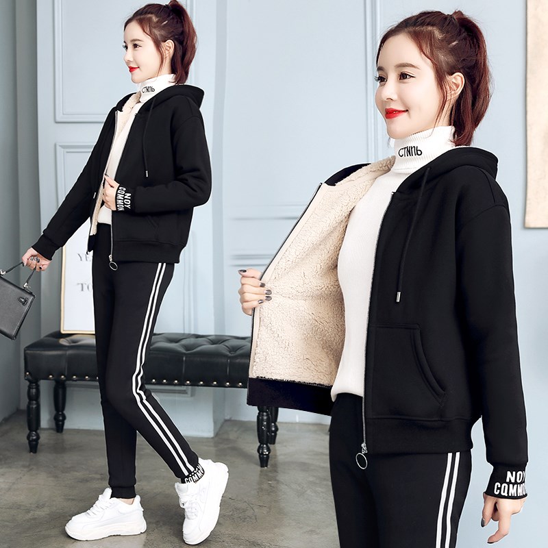 女士卫衣套装羊羔绒2020年冬季新款加厚加绒运动休闲女装外套秋冬