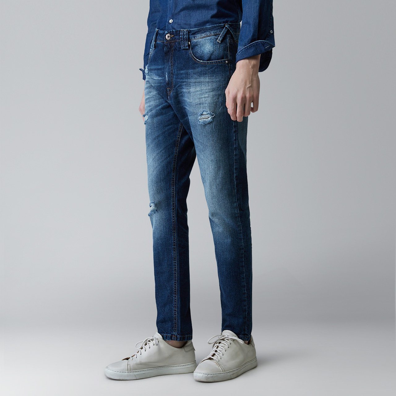 by creations 柏品 意大利进口 男士猫须破洞牛仔裤 水洗休闲裤 - by