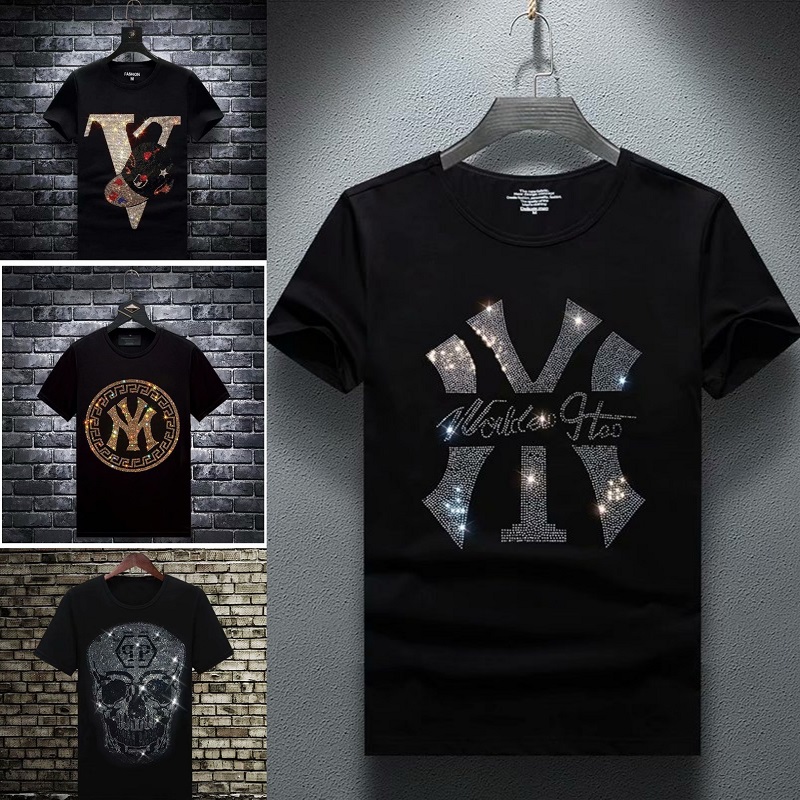 夏季新款欧洲站男装潮牌烫钻短袖t恤男士圆领修身潮流半袖男t夏装