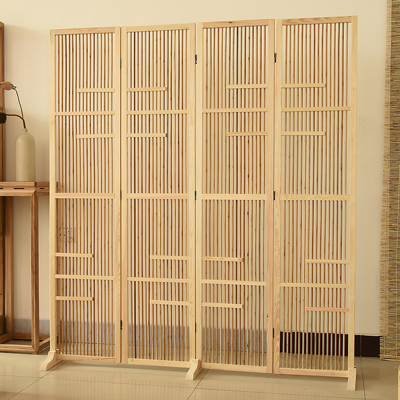 新中式实木竹屏风隔断折叠移动客厅玄关茶室隔断仿古做旧日式屏风