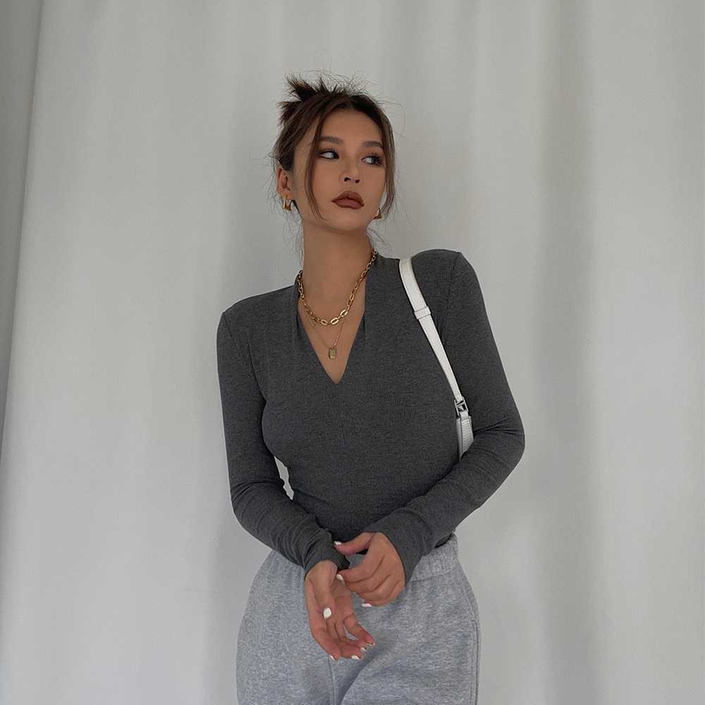 自制 修身高弹力巨显瘦显身材V领长袖打底衫辣妹上衣T 快get新款