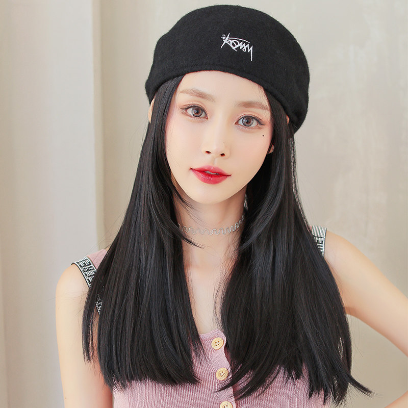 假发女中长发帽子一体时尚秋冬贝雷帽长直发网日常整顶假发