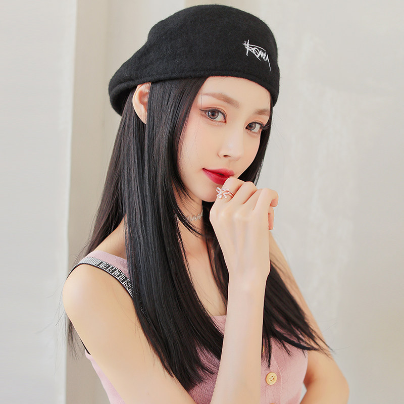 假发女中长发帽子一体时尚秋冬贝雷帽长直发网日常整顶假发