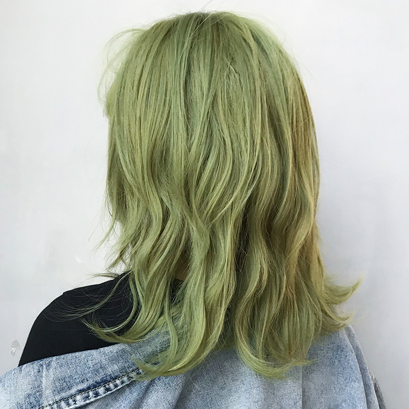 假发女短发绿色自然全头套式锁骨发齐刘海中长发网红圆脸假发套