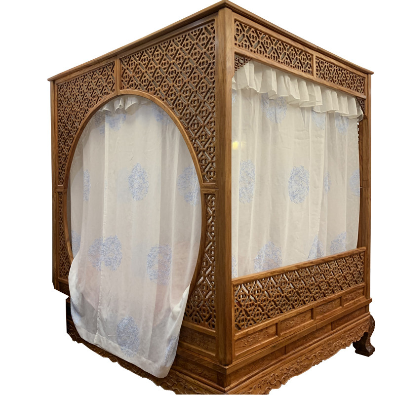 中式祥云装饰纱防绣花棉麻蓝色架子拔步月洞床幔