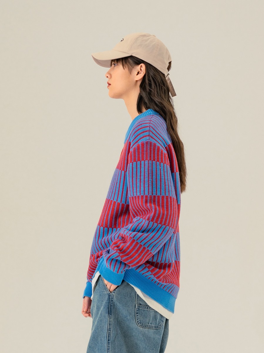 mostwantedlab20fw双色条纹撞色圆领毛衣情侣套头针织衫