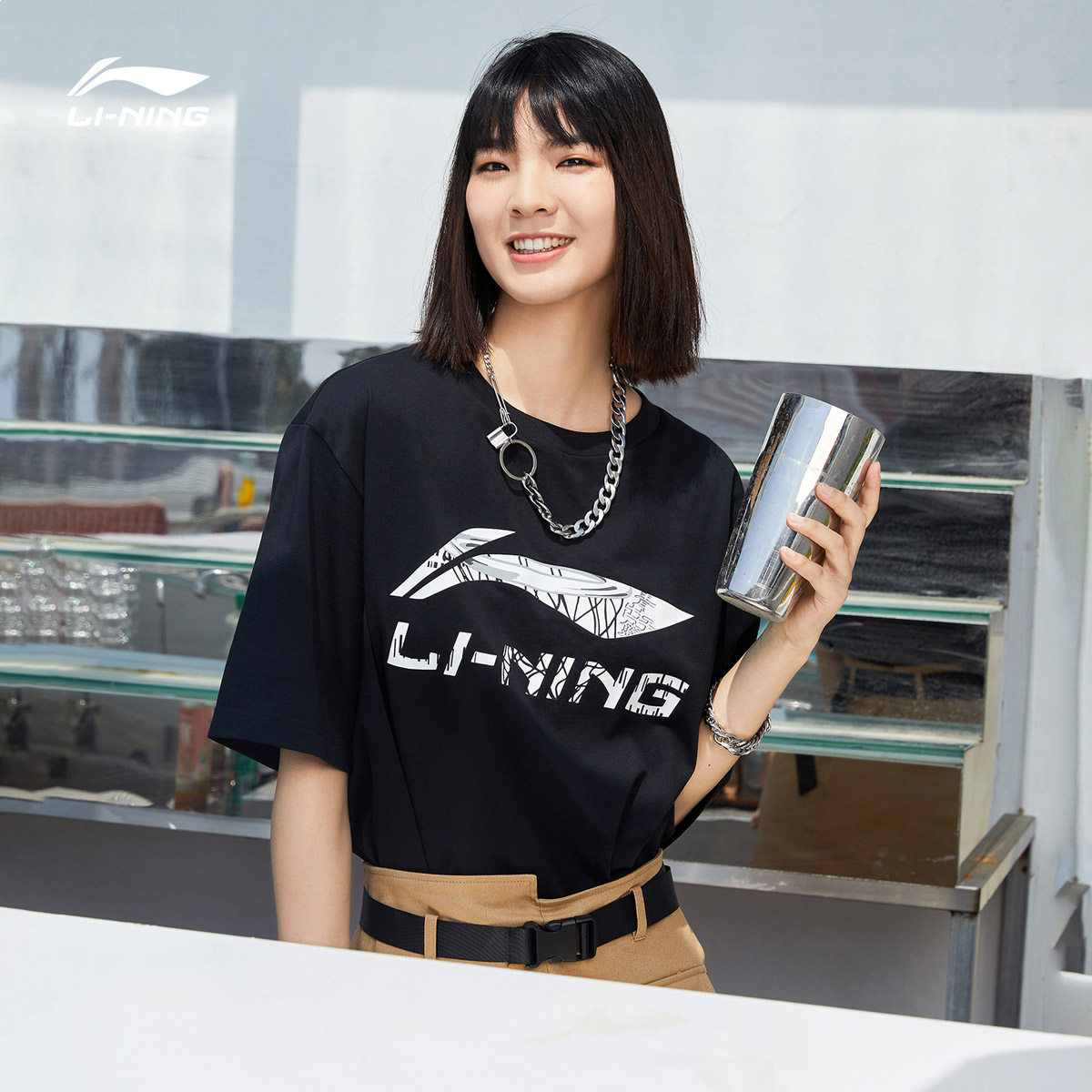 李宁短袖男2021夏季新款印花休闲t恤女白色半袖男士运动黑t情侣