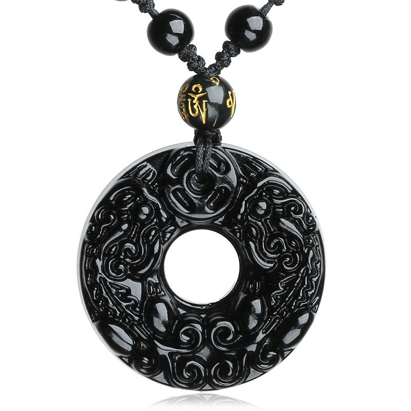 天然黑曜石貔貅吊坠平安扣招财转运开光辟邪项链挂件