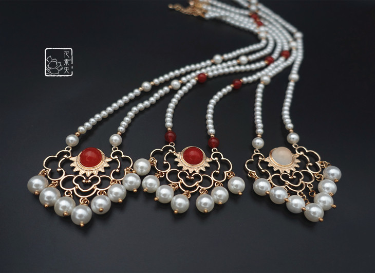 实用古风汉服云纹平安锁贝珠玛瑙软璎珞项链配旗袍茶服明制宋制