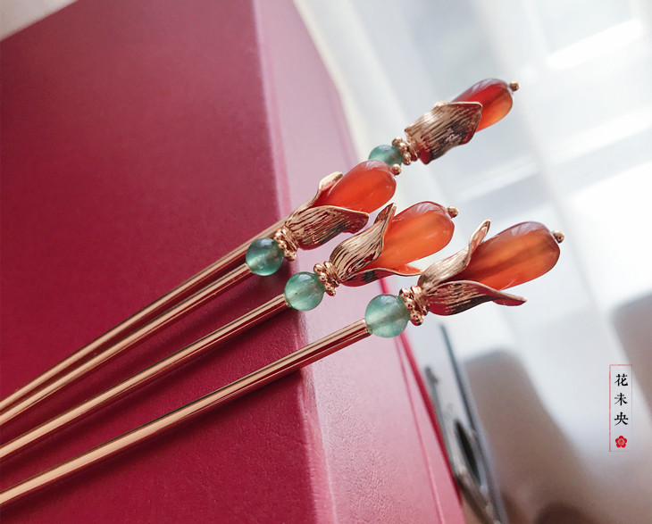 花未央暗香原创红玛瑙郁金香一字簪百搭古风装饰发簪神棍簪子