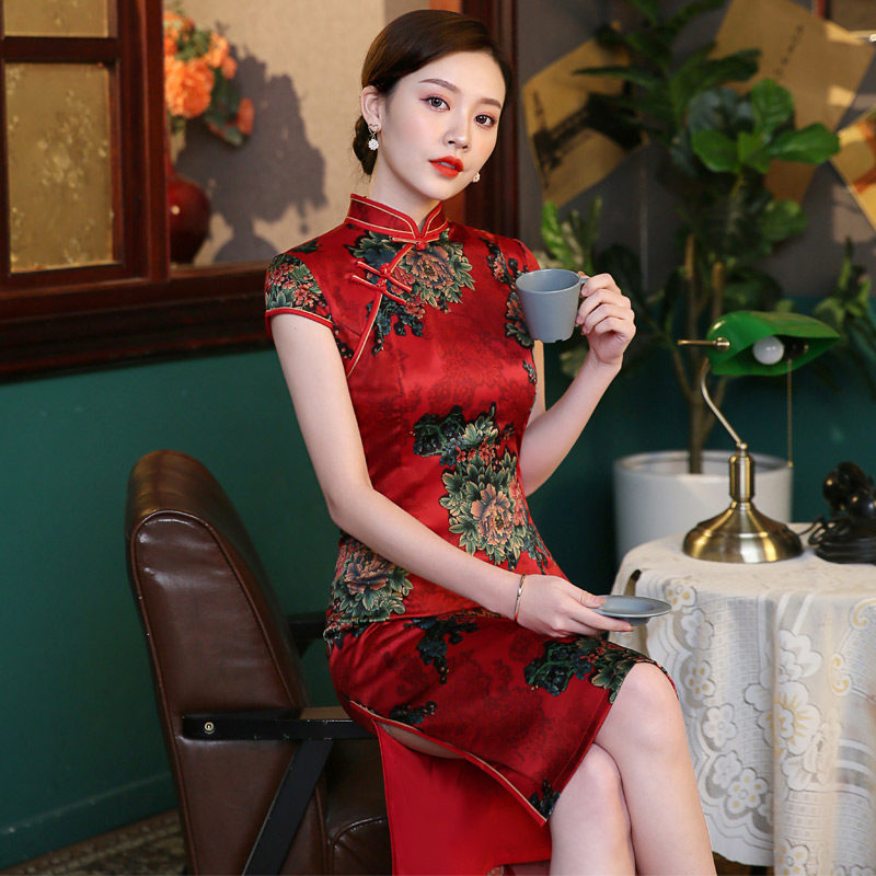 旗袍女短袖2020年新款中长款夏装改良版连衣裙中老年妈妈旗袍裙