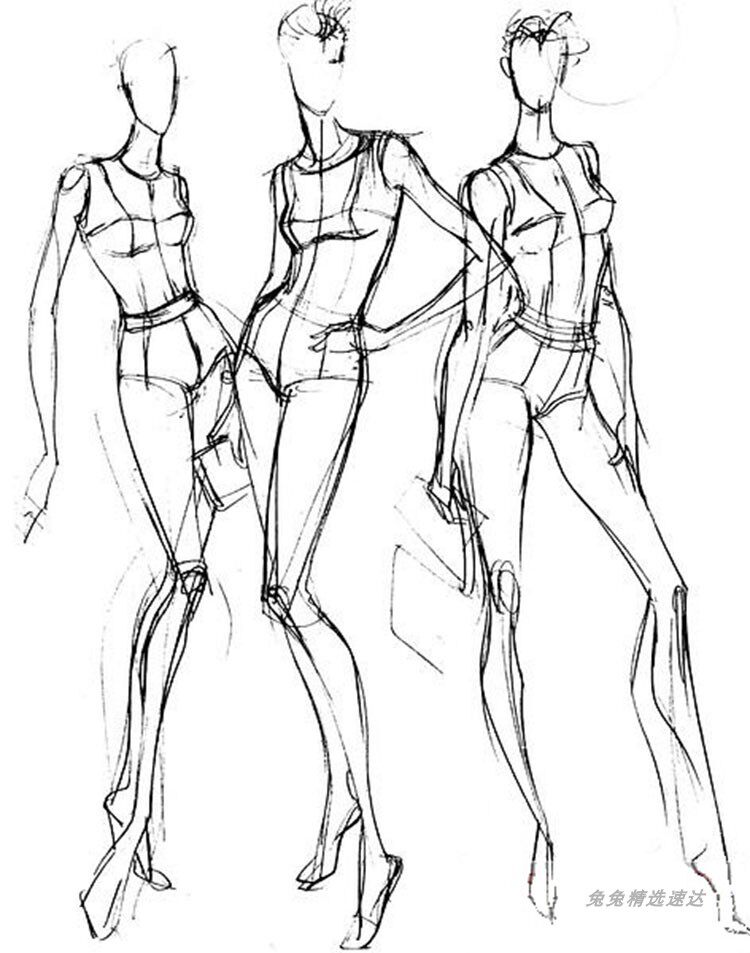服装设计人体结构动态黑白线稿动漫手绘绘画素描设计素材
