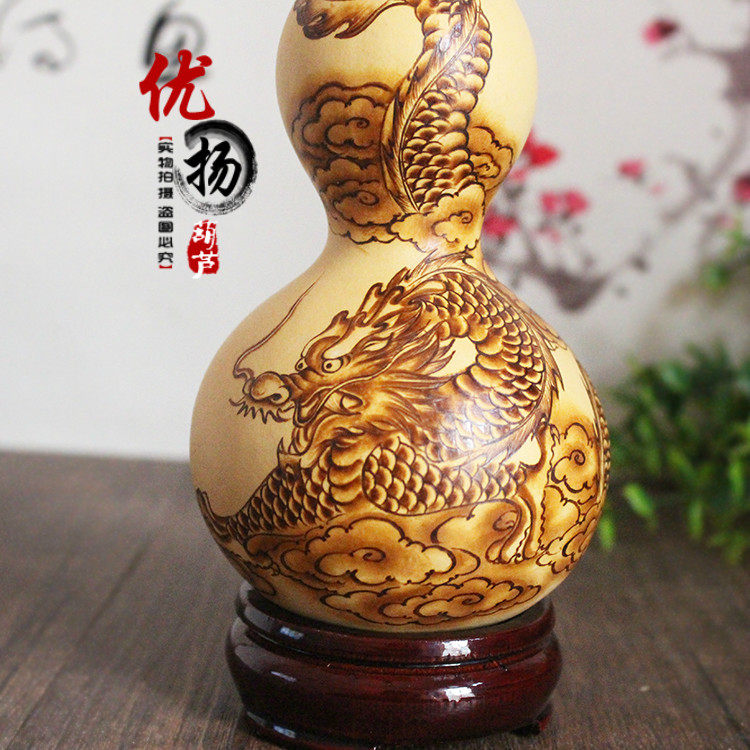 天然葫芦摆件 纯手工烫烙画龙凤呈祥招财风水大葫芦家居装饰礼品