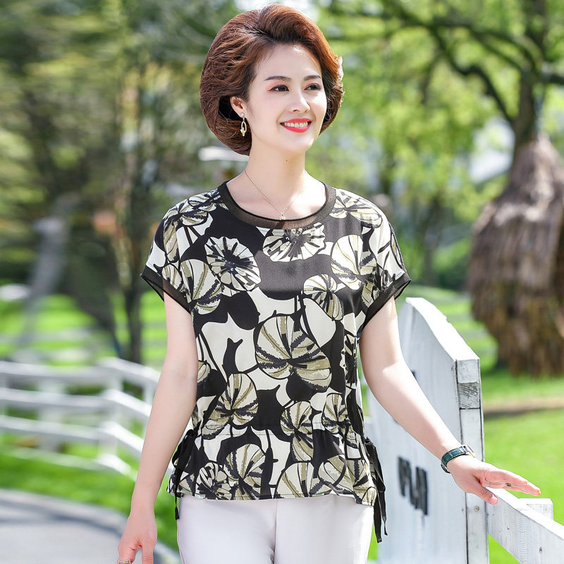 妈妈夏装短袖中老年印花上衣4050岁中年女装洋气中老年女装