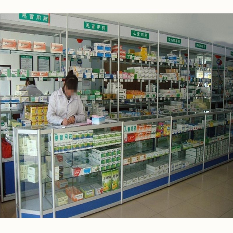 深圳药房柜台玻璃展示柜西药柜药店架诊所药品保健品香港货架定制