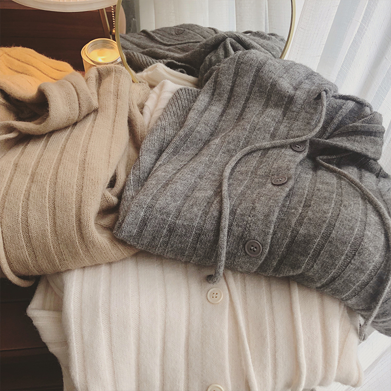 橘喵家连帽针织开衫女秋冬宽松百搭复古港味小众慵懒条纹毛衣外套