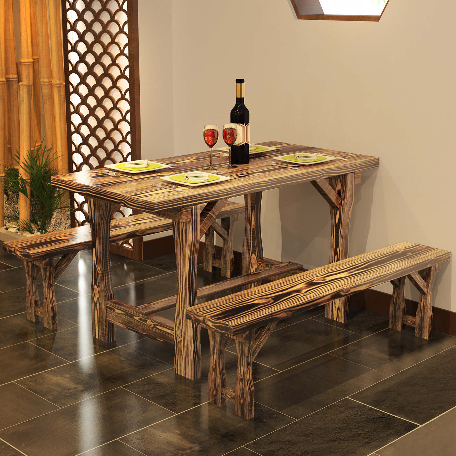 碳化实木饭店餐桌面馆火锅烧烤大排档桌子饭馆实木餐桌