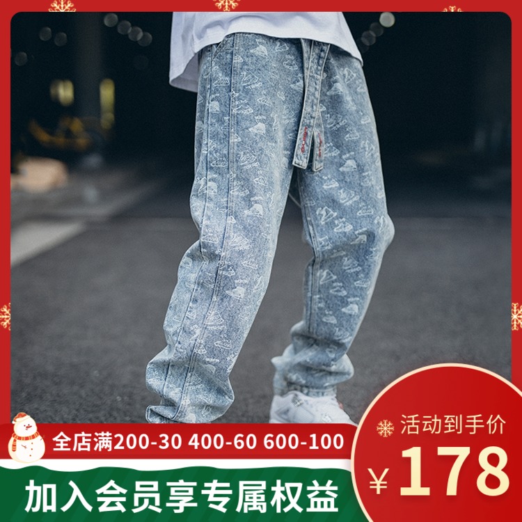 PRBLMS潮牌满印牛仔裤嘻哈国潮宽松长裤街头重工水洗做旧裤子男女